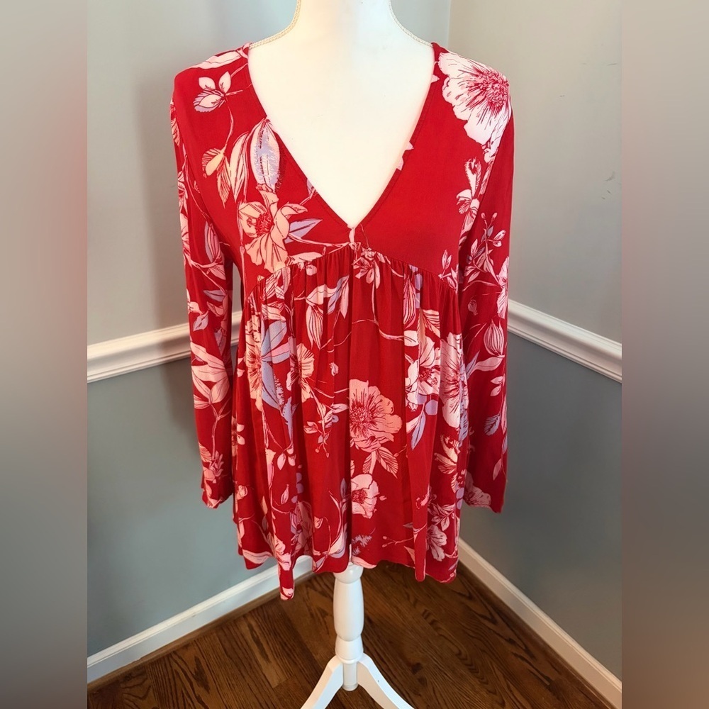 Free People Bella Floral Tunic Top Red White Long Sleeve V-Neck Boho Size S - Picture 3 of 8